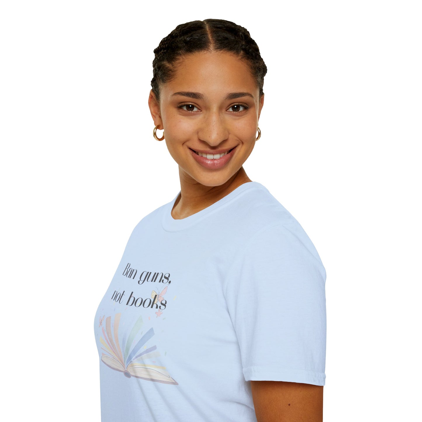 Ban Guns, Not Books – Unisex T-Shirt (Rainbow Book & Butterflies)