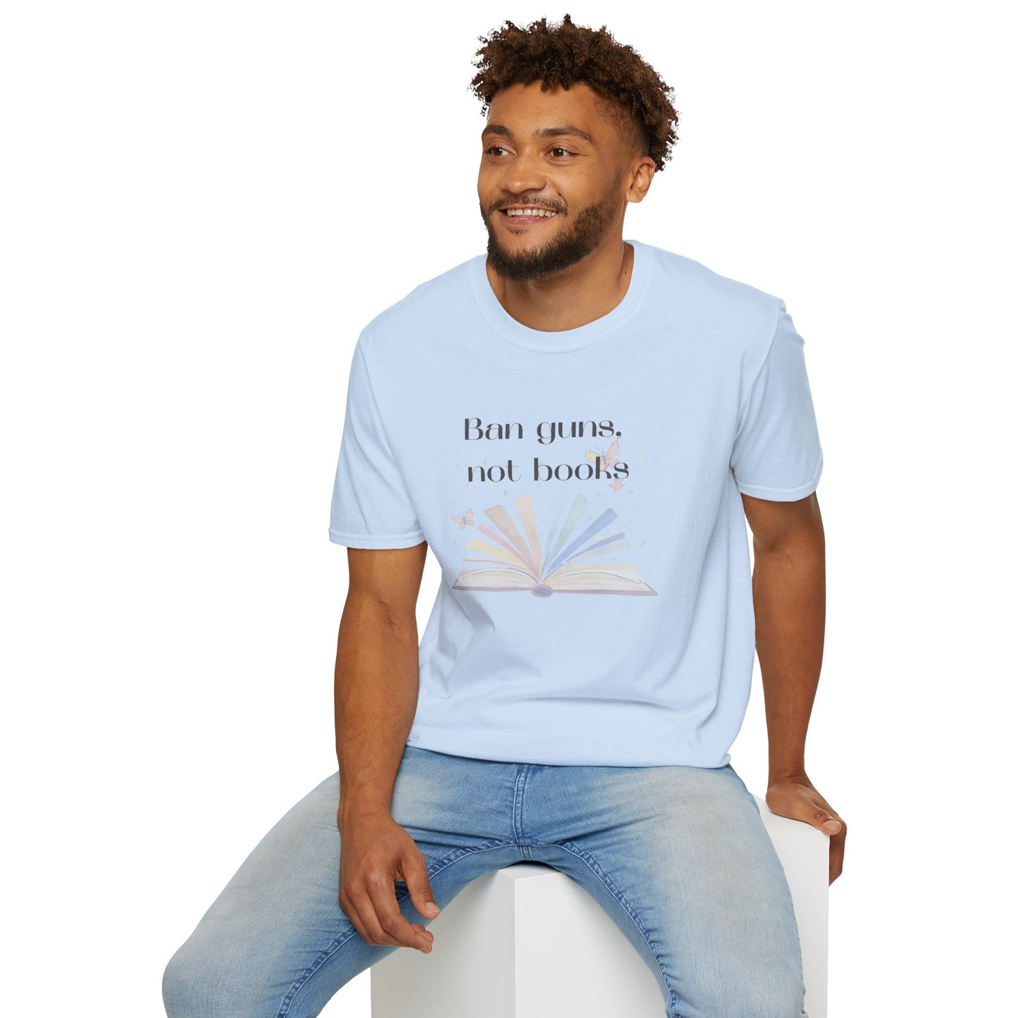 Ban Guns, Not Books – Unisex T-Shirt (Rainbow Book & Butterflies)
