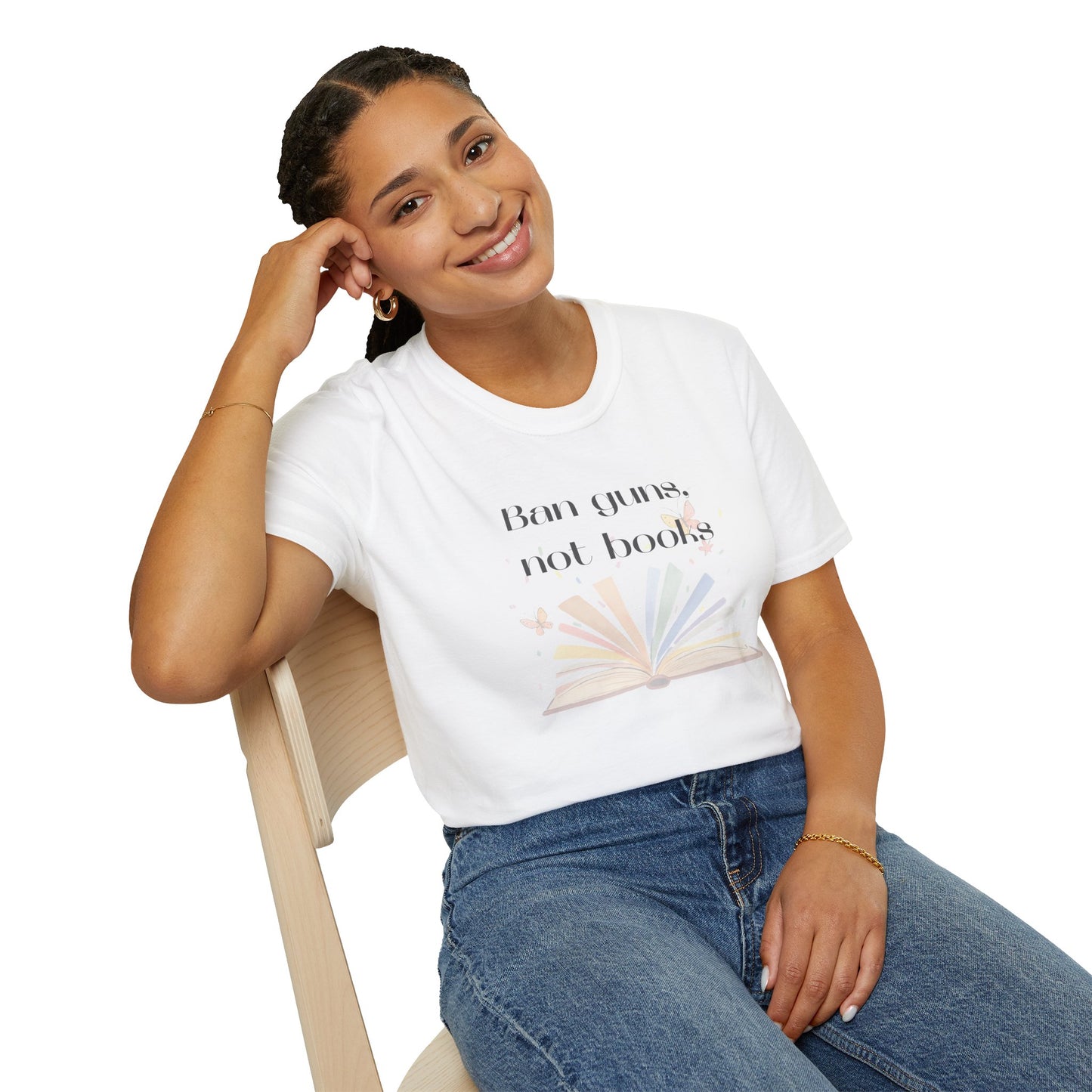 Ban Guns, Not Books – Unisex T-Shirt (Rainbow Book & Butterflies)
