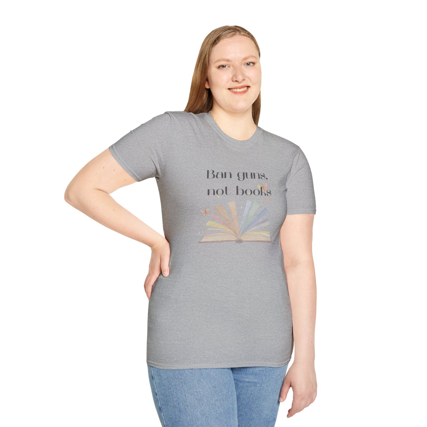 Ban Guns, Not Books – Unisex T-Shirt (Rainbow Book & Butterflies)