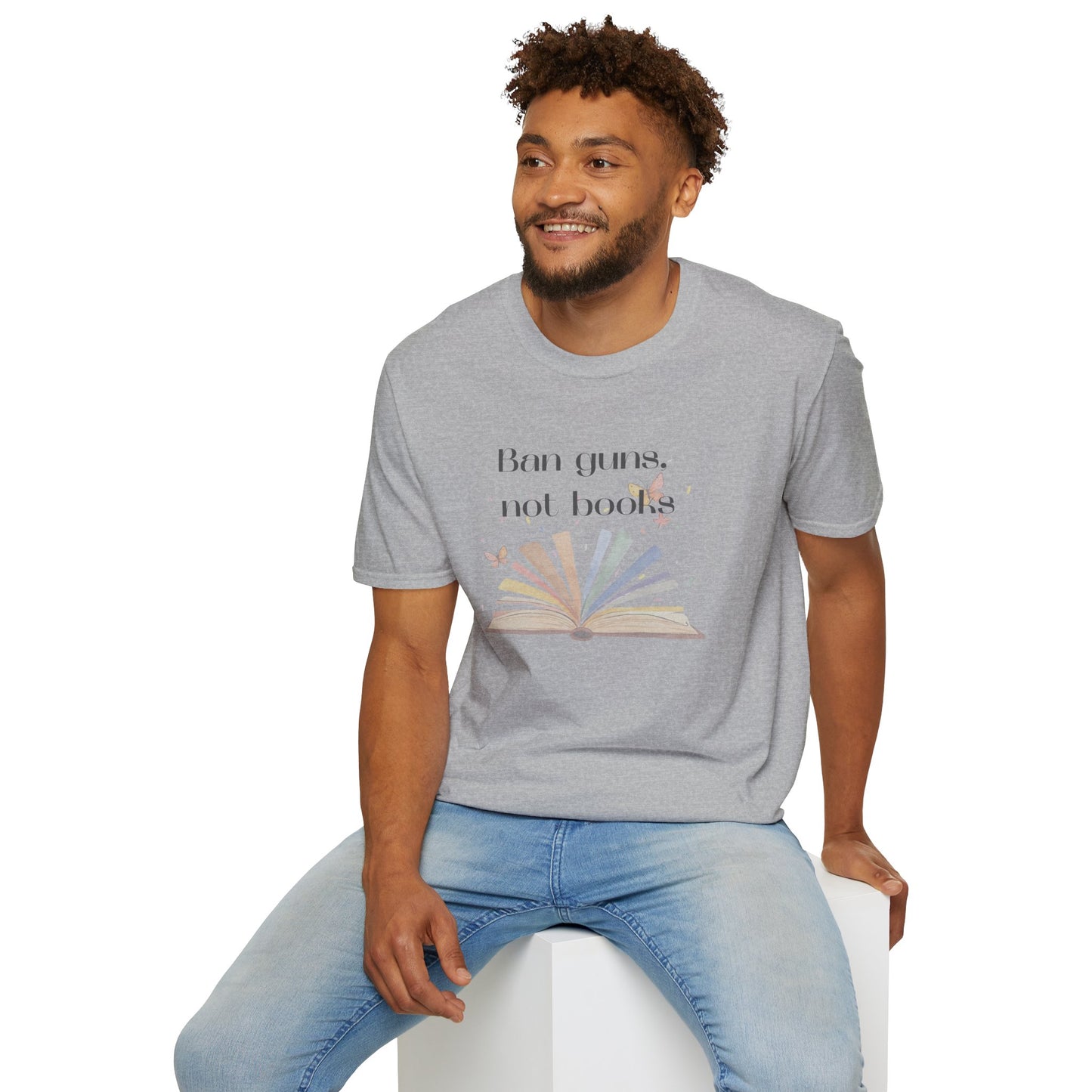 Ban Guns, Not Books – Unisex T-Shirt (Rainbow Book & Butterflies)